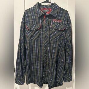 Coogi XXL Plaid Button Down Shirt Patches Military Embroidered Utility Y2K 90s
